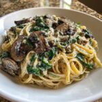 A close-up of creamy mushroom pasta tossed with wilted spinach, served in a white bowl.