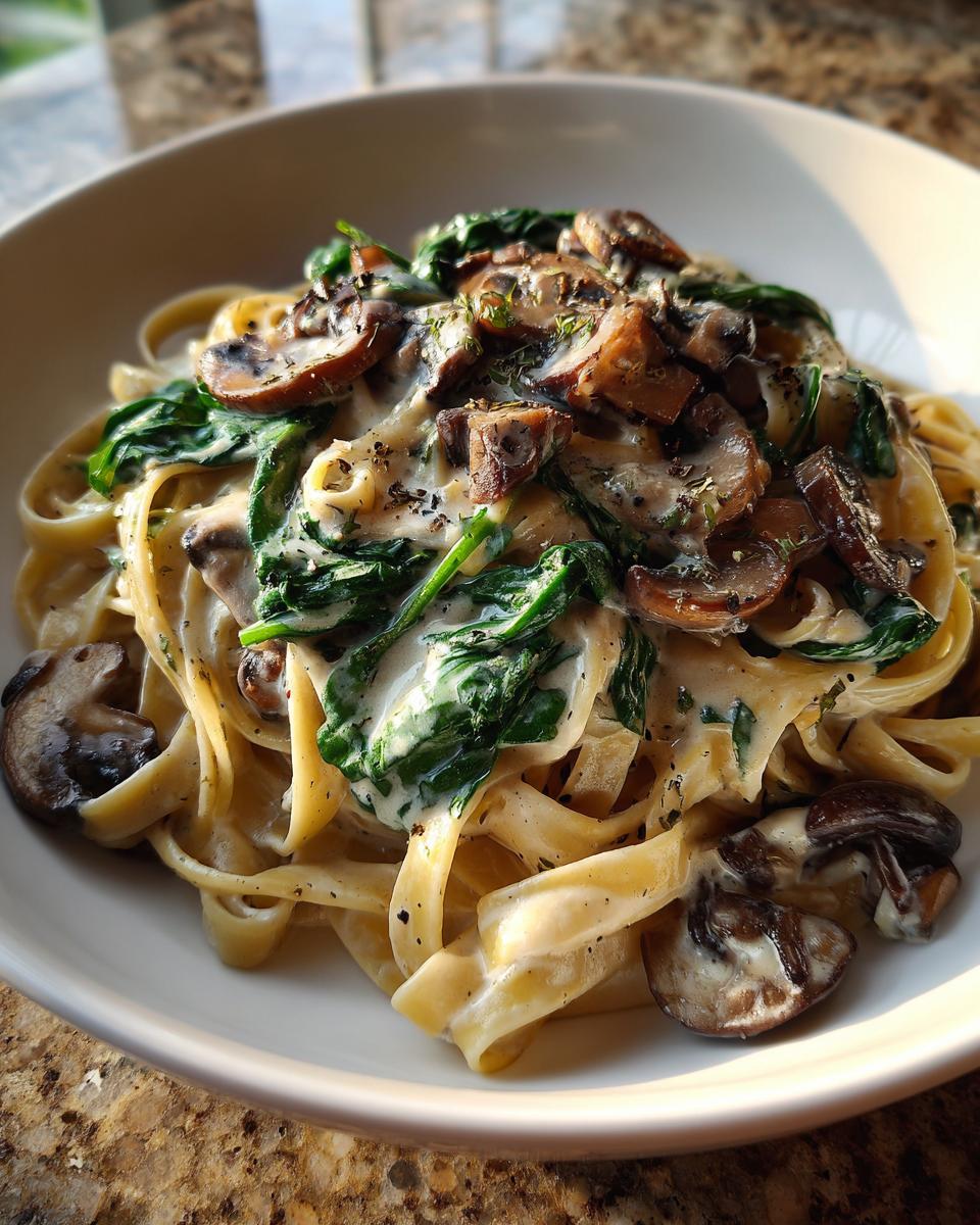 Close-up of creamy fettuccine mushroom pasta topped with sautéed spinach and herbs.