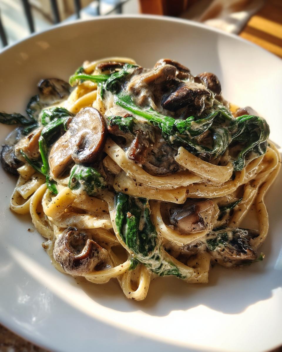 A close-up of creamy mushroom pasta tossed with wilted spinach, served on a white plate.