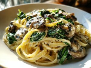 Close-up of creamy mushroom pasta tossed with wilted spinach and freshly cracked black pepper.