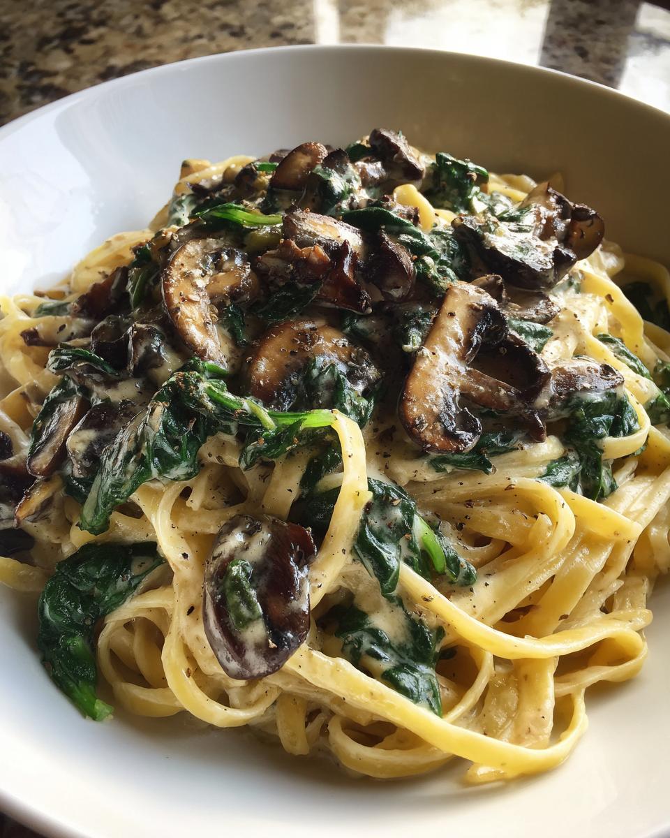 Close-up of creamy fettuccine mushroom pasta mixed with wilted spinach and black pepper.