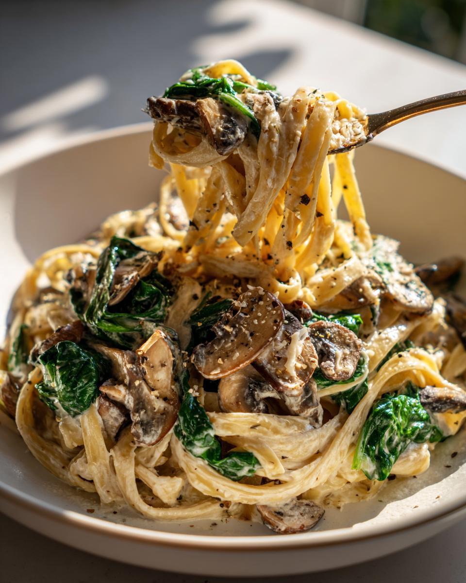 A fork lifting a bite of creamy mushroom pasta with spinach, seasoned heavily with black pepper.