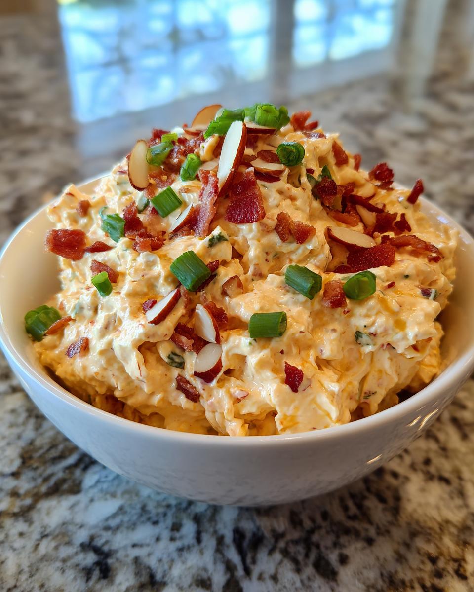 A bowl overflowing with creamy, orange-hued Neiman Marcus dip, garnished generously with bacon bits, sliced almonds, and green onions.