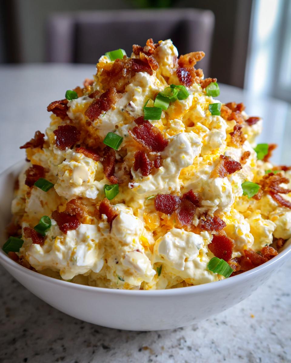 A large bowl overflowing with creamy Neiman Marcus dip, generously topped with crumbled bacon and fresh green onions.