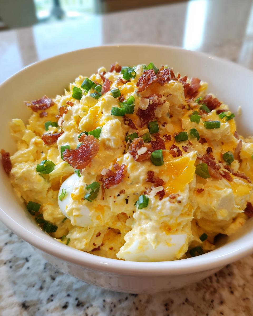 Close-up of a creamy, yellow Neiman Marcus dip topped with bacon bits, shredded cheese, and green onions.