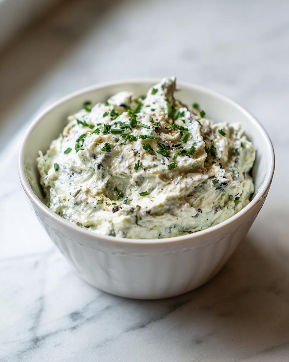 A white bowl filled with creamy, textured olive dip, garnished with fresh chives.