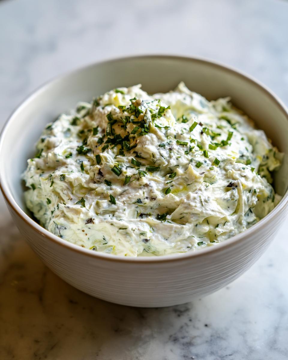 A close-up of a creamy, white olive dip speckled with herbs and topped with fresh chopped chives.