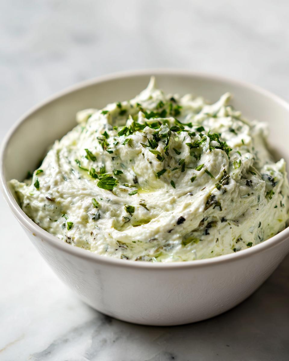 Close-up of a creamy white olive dip, mixed with green herbs and drizzled with oil, served in a white bowl.