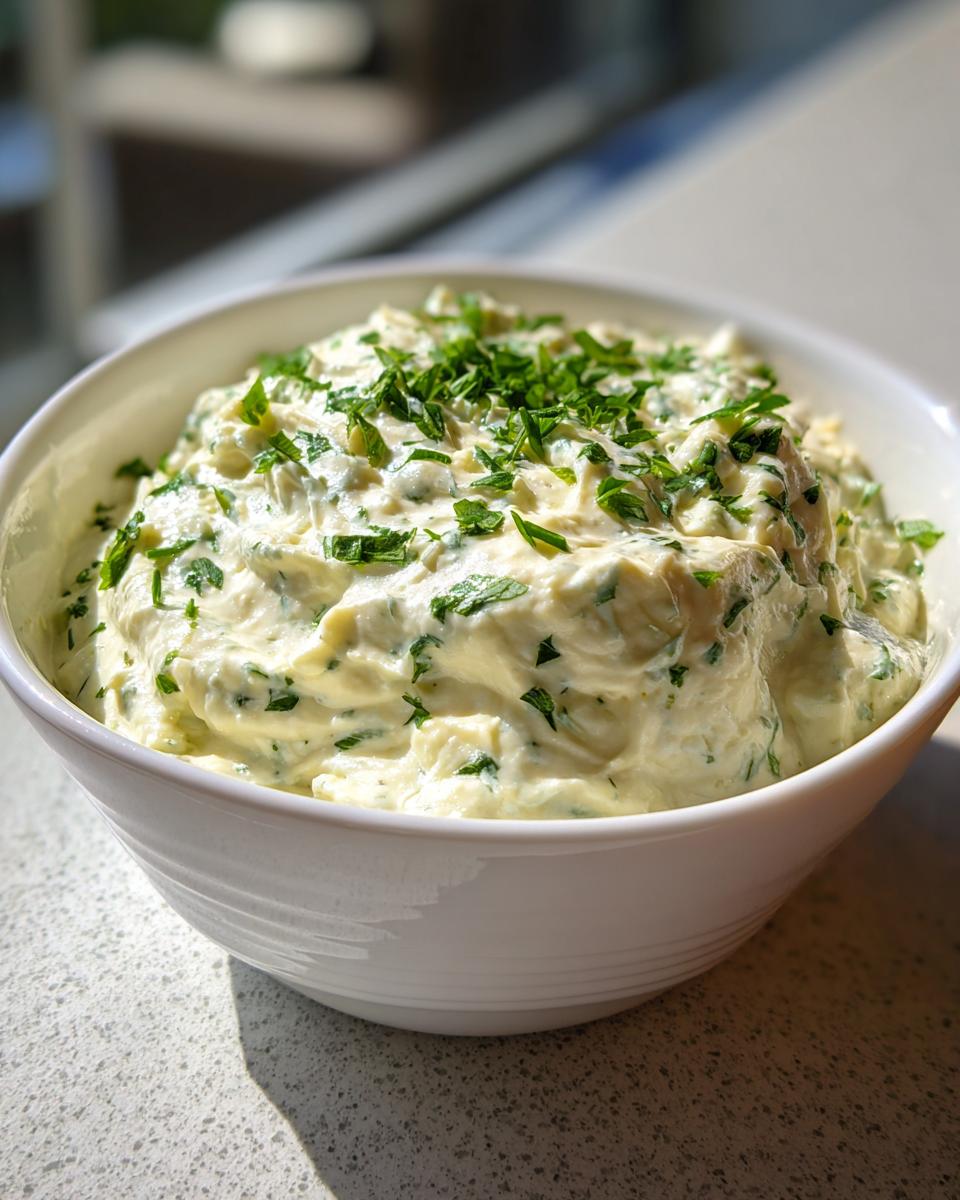 A white bowl filled with creamy, pale yellow olive dip, generously topped with fresh chopped parsley.