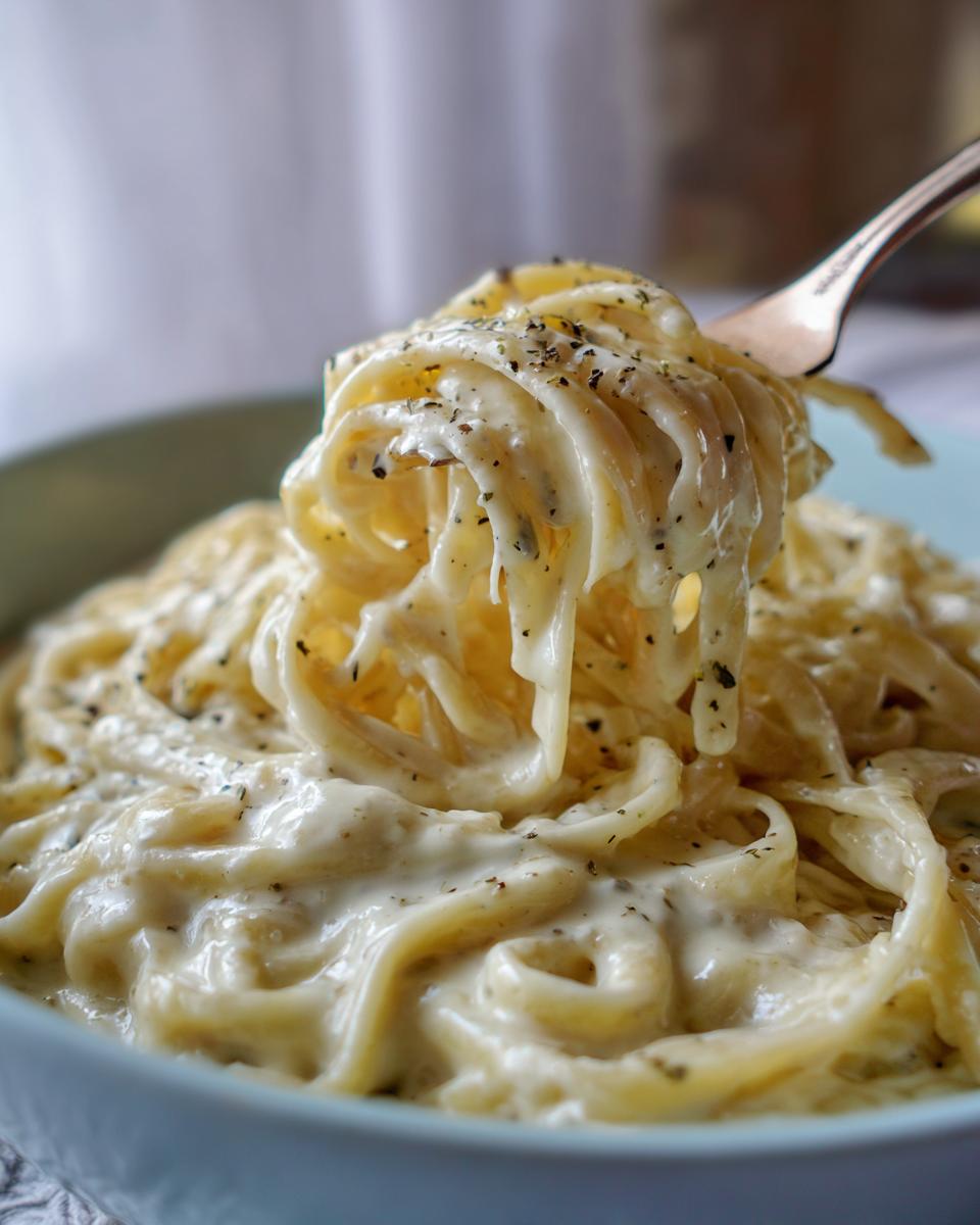 Close-up of fettuccine pasta coated in thick vegan alfredo sauce, lifted by a fork and sprinkled with herbs.