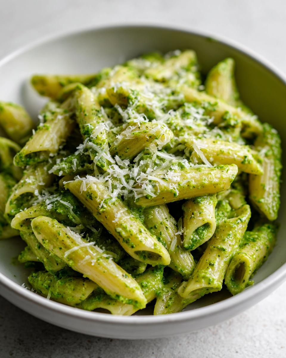 A close-up shot of penne pasta coated in vibrant green creamy pesto pasta, topped with grated Parmesan cheese.