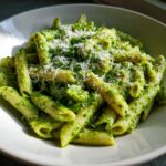 A bowl filled with penne pasta coated in vibrant green creamy pesto pasta, topped generously with grated Parmesan cheese.