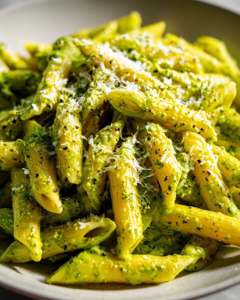 A close-up shot of penne pasta coated in vibrant, creamy pesto sauce and topped with grated Parmesan cheese, showcasing the amazing creamy pesto pasta.