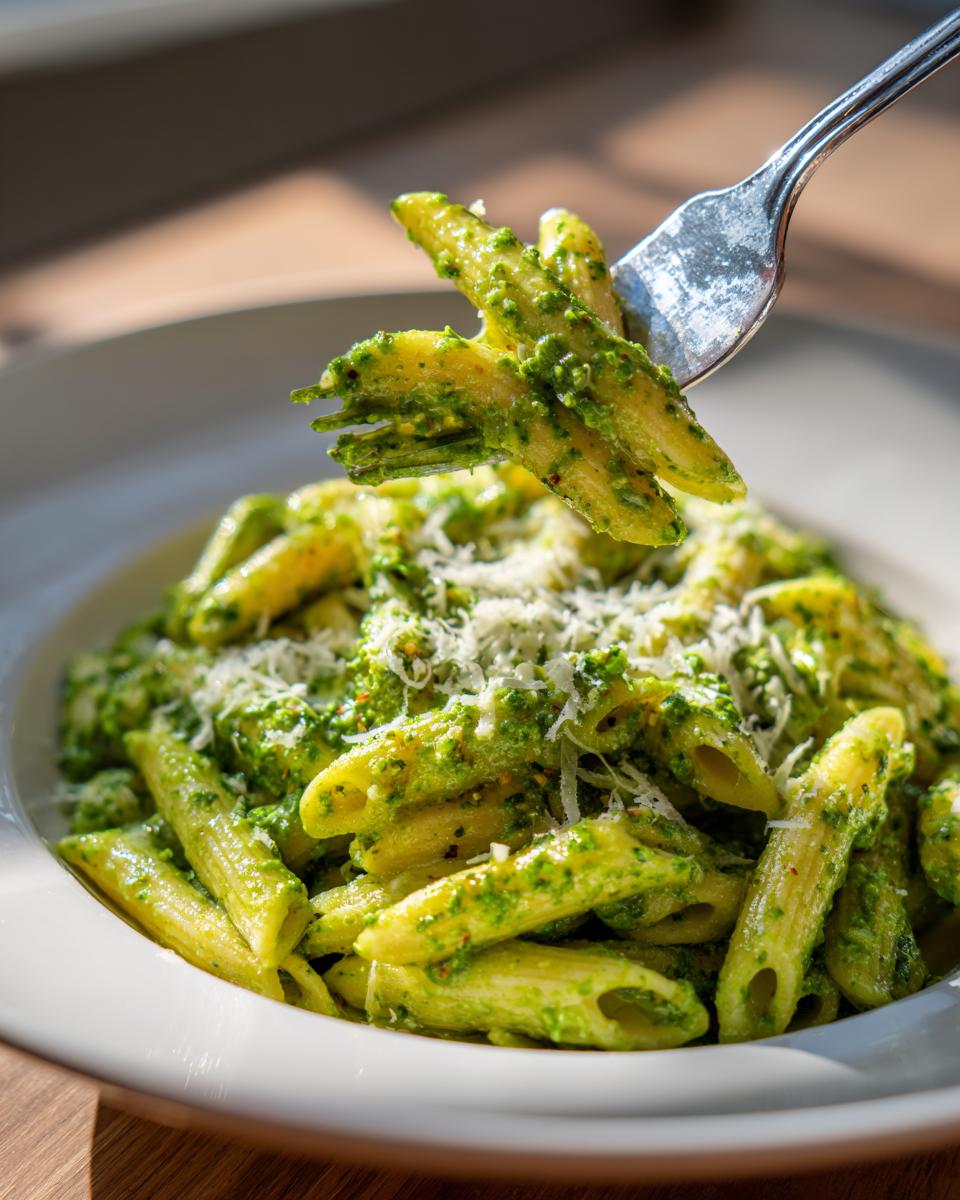 A fork lifting penne pasta coated in vibrant green sauce, showcasing the creamy pesto pasta dish topped with grated Parmesan.