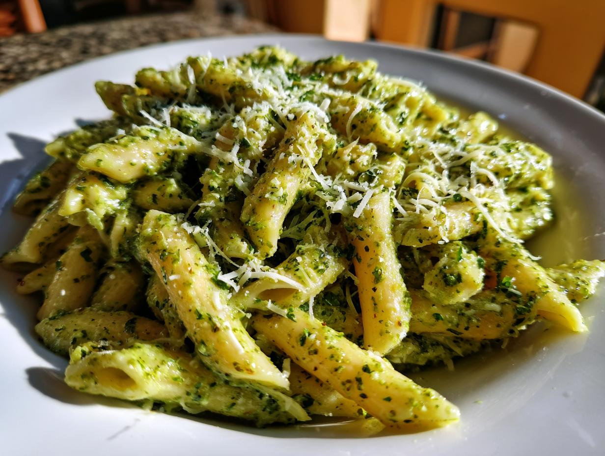 A close-up, bright photo of penne pasta coated in creamy pesto sauce and topped with grated Parmesan cheese, representing creamy pesto pasta.