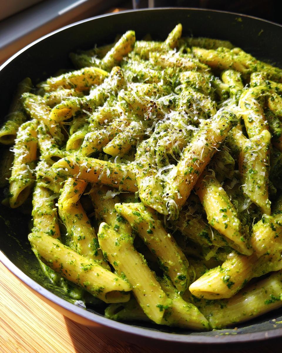 Close-up view of penne pasta coated in vibrant green sauce, topped with grated cheese, representing creamy pesto pasta.