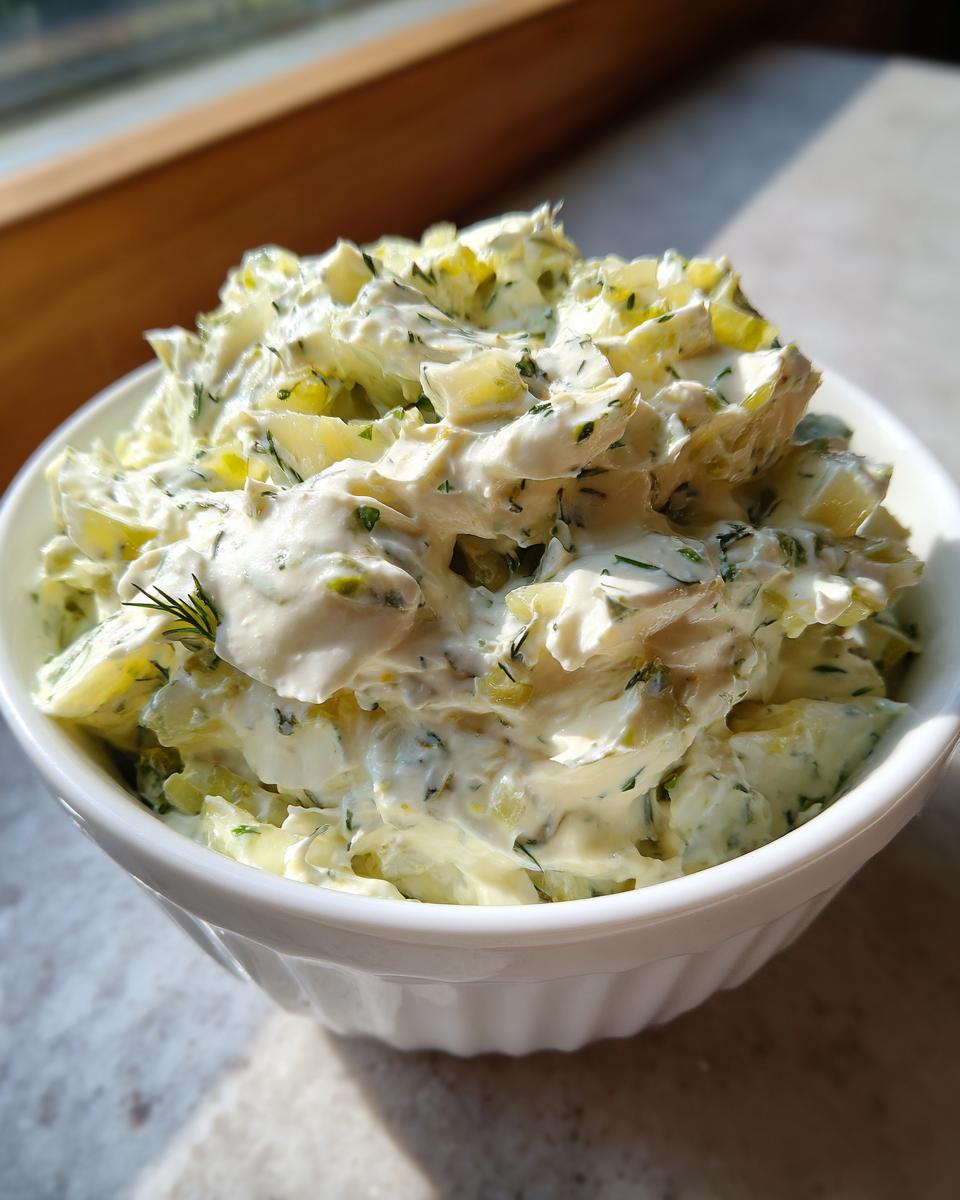 Close-up of a creamy, chunky homemade pickle dip topped with fresh dill in a white ramekin.