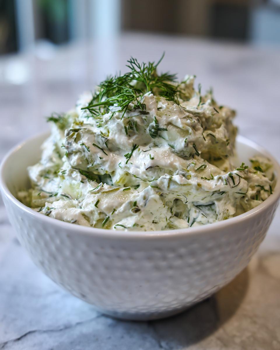 A white bowl filled with creamy pickle dip, featuring chopped pickles and fresh dill garnish.