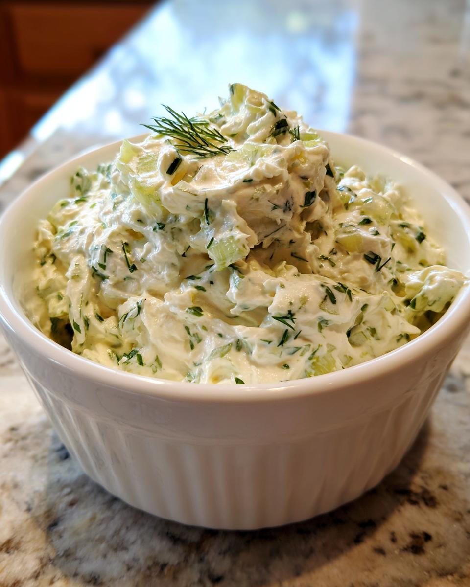 Close-up of creamy, chunky pickle dip mixed with herbs, topped with fresh dill, served in a white bowl.