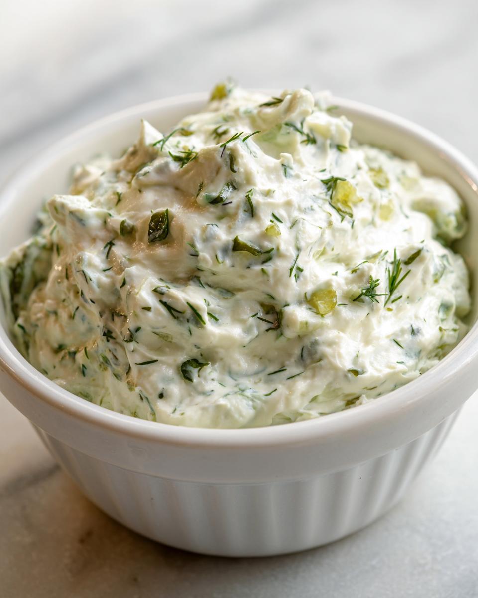 Close-up of creamy homemade pickle dip mixed with chopped dill and pickle pieces in a white bowl.