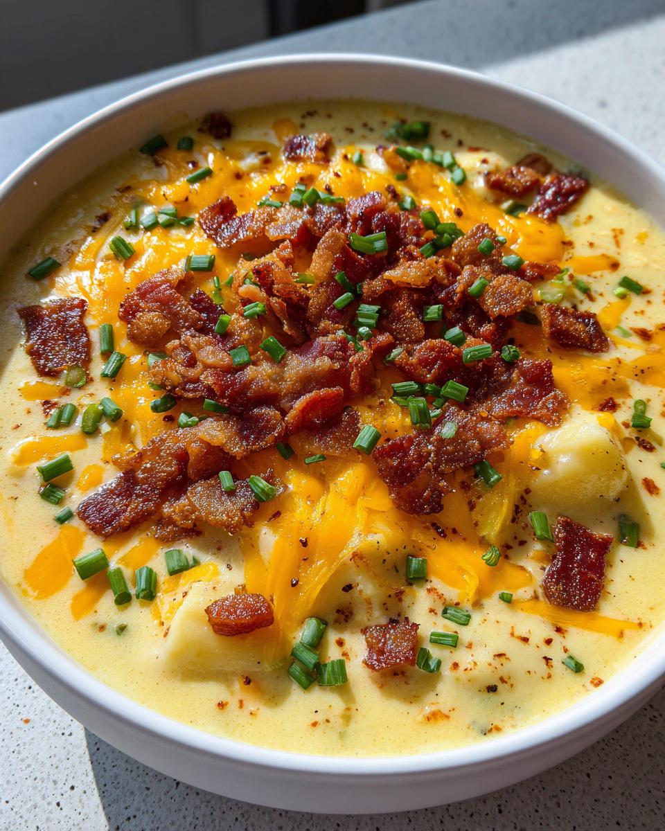 Close-up of a bowl of creamy potato soup recipe topped generously with melted cheddar cheese, crispy bacon bits, and fresh chives.