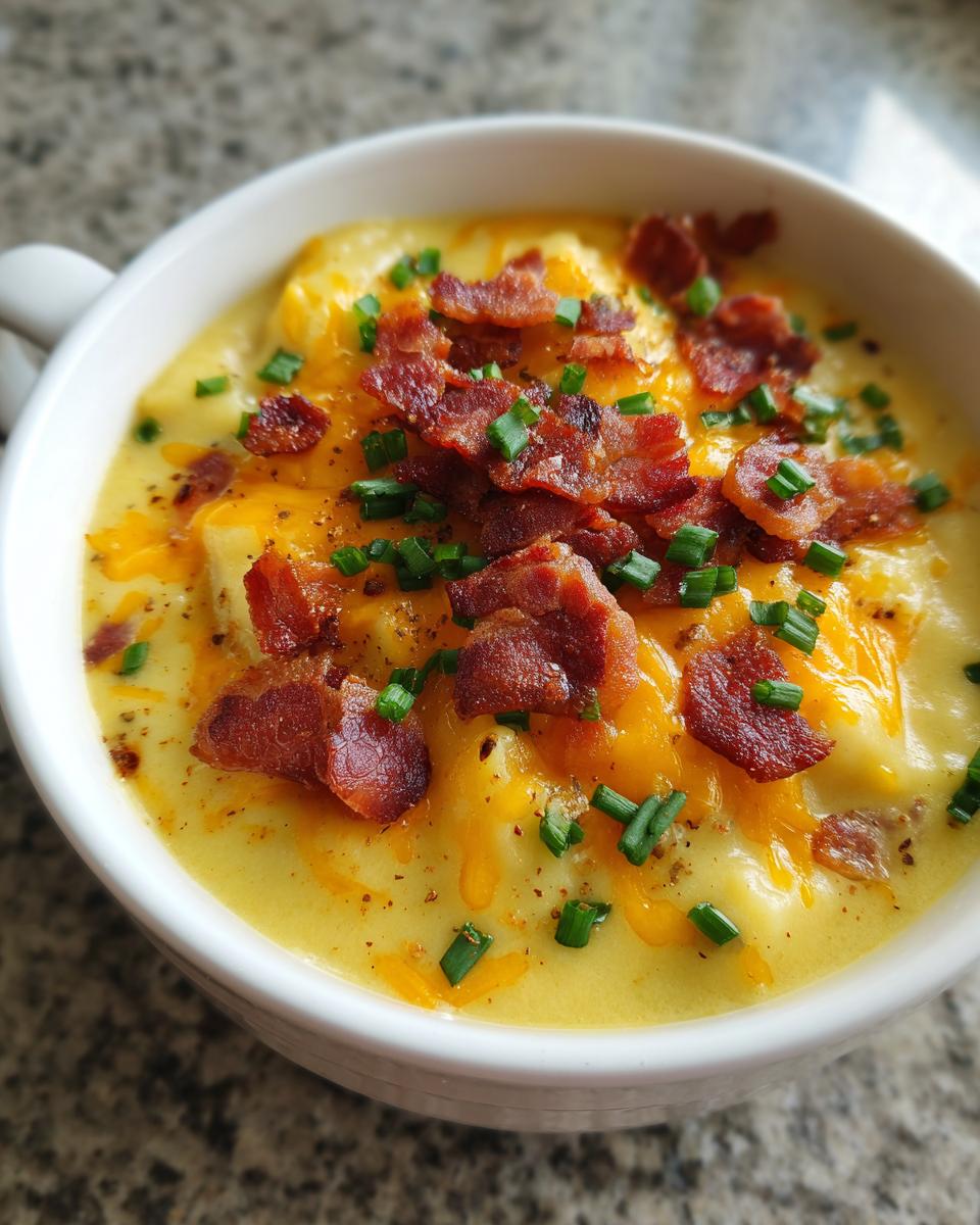 Close-up of a creamy potato soup recipe topped with melted cheddar cheese, crispy bacon bits, and fresh chives.
