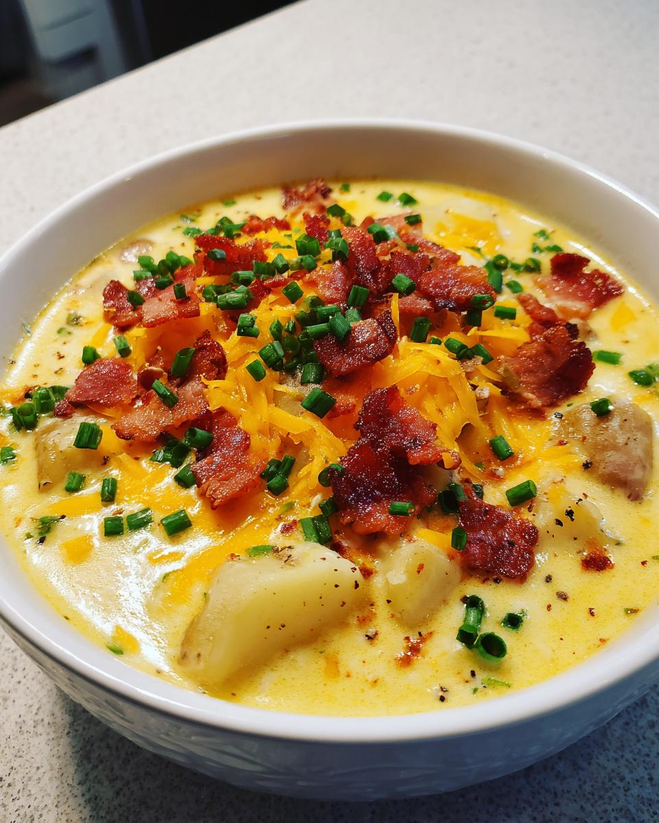 Close-up of a hearty bowl of creamy potato soup recipe topped generously with shredded cheddar cheese, crispy bacon bits, and fresh chives.