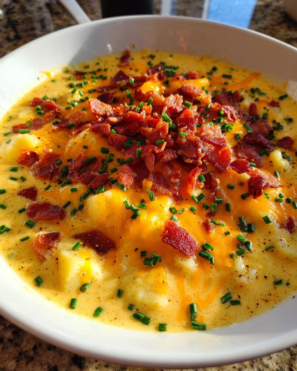 Close-up of a bowl of creamy potato soup recipe topped with melted cheddar, bacon bits, and fresh chives.