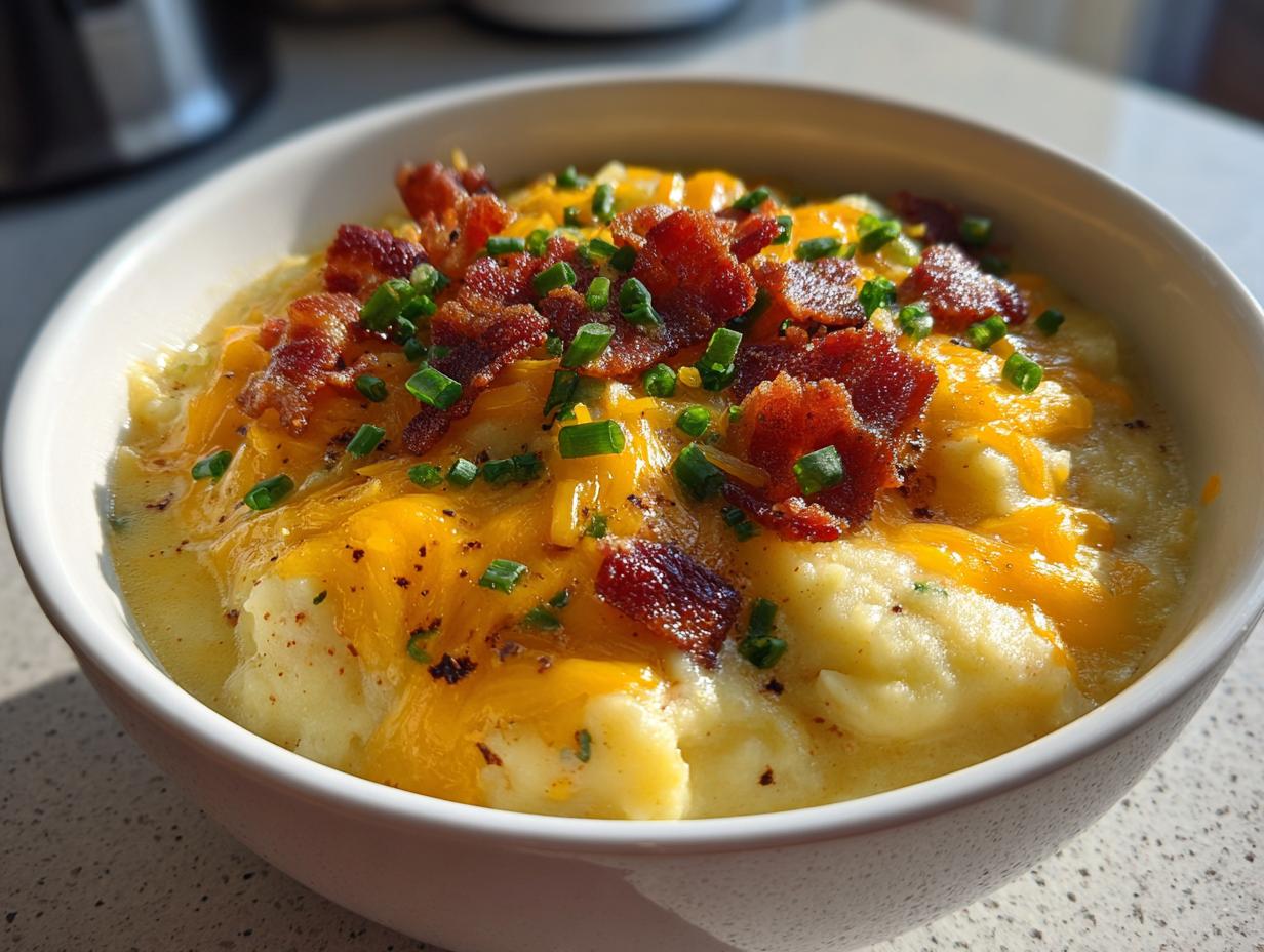 A bowl of creamy potato soup recipe topped generously with melted cheddar cheese, crispy bacon bits, and fresh chives.