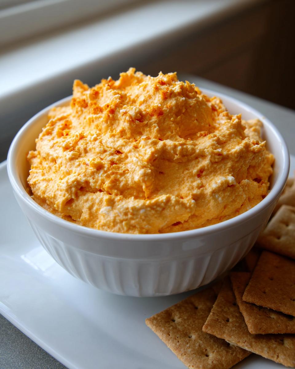 A white bowl filled with bright orange pumpkin fluff dip, served with graham crackers on a white plate.