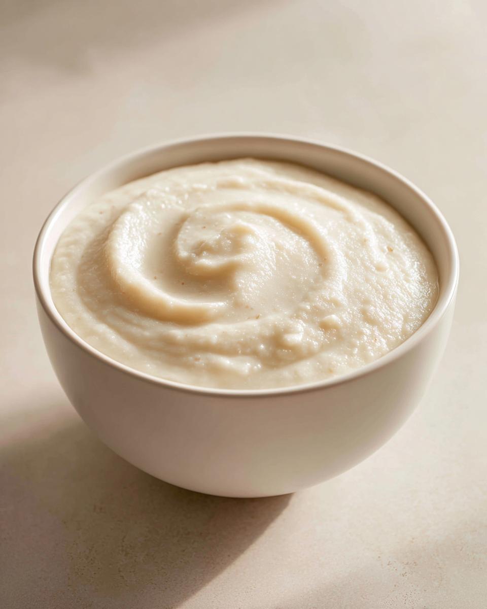 A close-up of a thick, creamy bowl of roasted cauliflower soup with a swirl pattern on top.