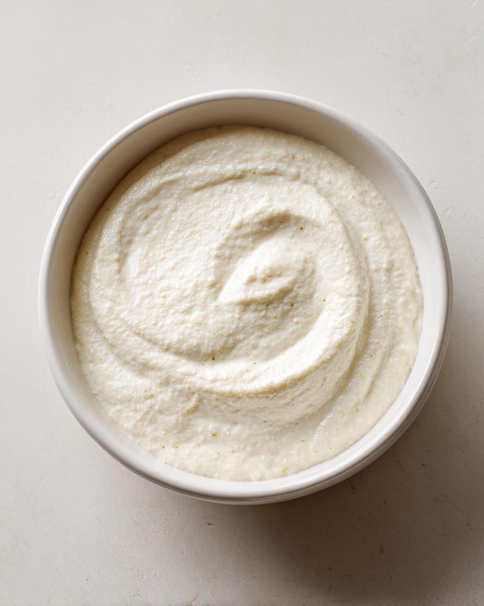 Overhead view of a white bowl filled with thick, creamy roasted cauliflower soup, showing a swirl pattern.