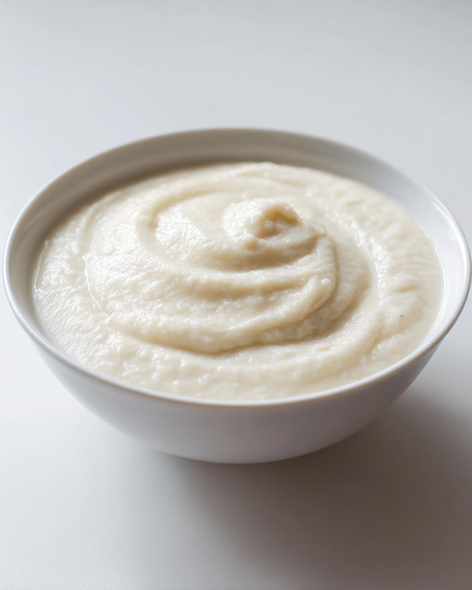 A close-up of smooth, creamy roasted cauliflower soup swirled in a white bowl against a bright background.