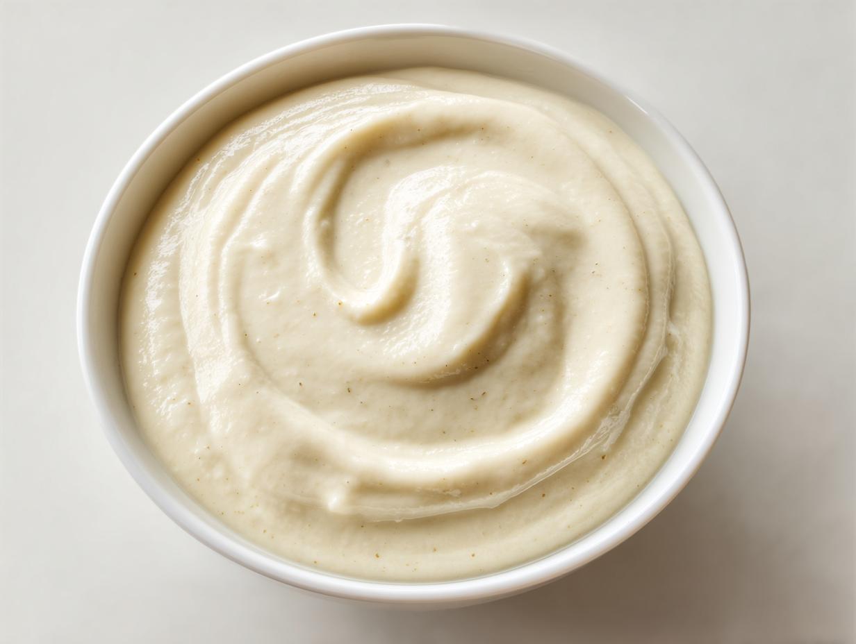 Overhead view of a white bowl filled with thick, creamy roasted cauliflower soup, showing smooth swirls.