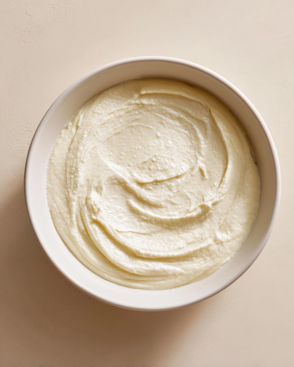 Overhead view of thick, creamy roasted cauliflower soup swirled beautifully in a white bowl.