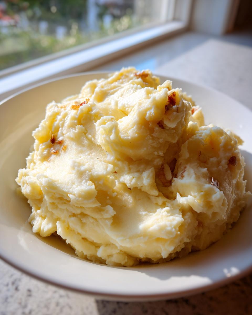 A close-up of fluffy roasted garlic mashed potatoes served in a white bowl, highlighted by natural sunlight.