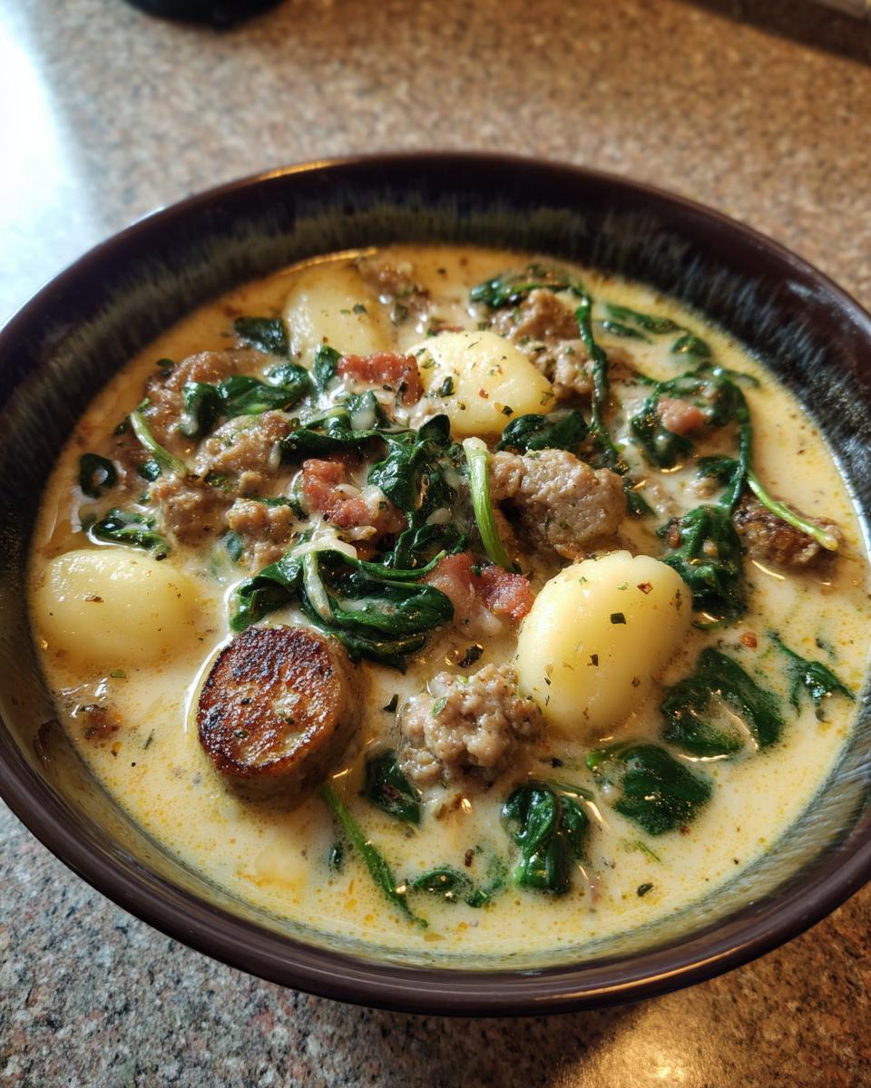 A close-up bowl of creamy sausage gnocchi soup featuring plump gnocchi, crumbled sausage, and wilted spinach.