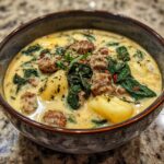 Close-up of a hearty bowl of creamy sausage gnocchi soup with wilted spinach and herbs.