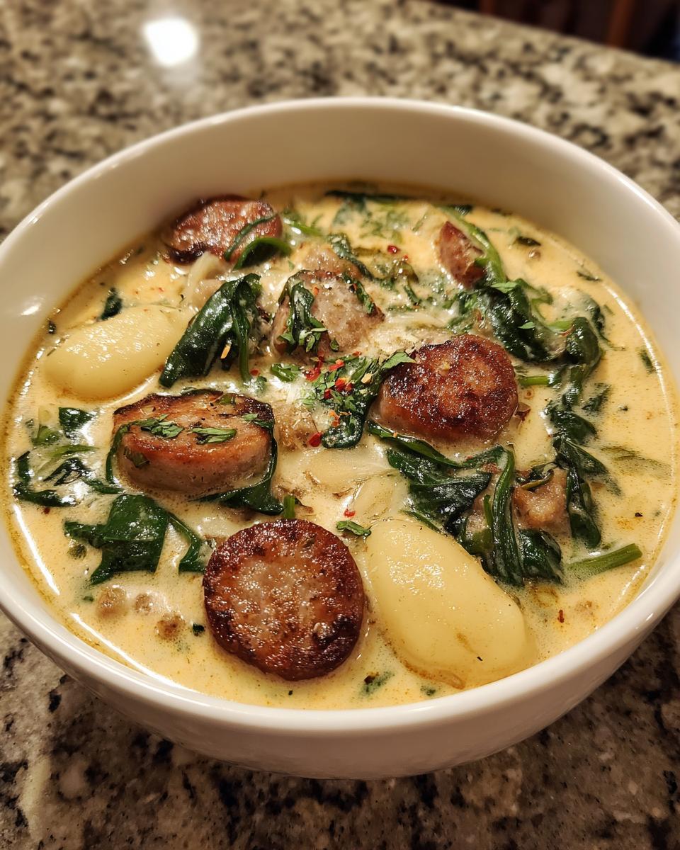 A close-up of a bowl of creamy sausage gnocchi soup, featuring sliced sausage and wilted spinach.