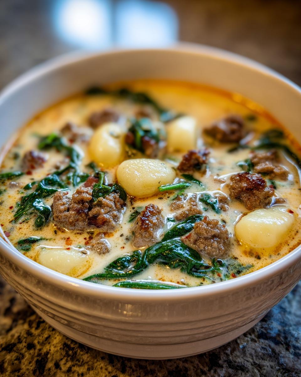 Close-up of a bowl of creamy sausage gnocchi soup featuring browned sausage crumbles, soft gnocchi, and wilted spinach.