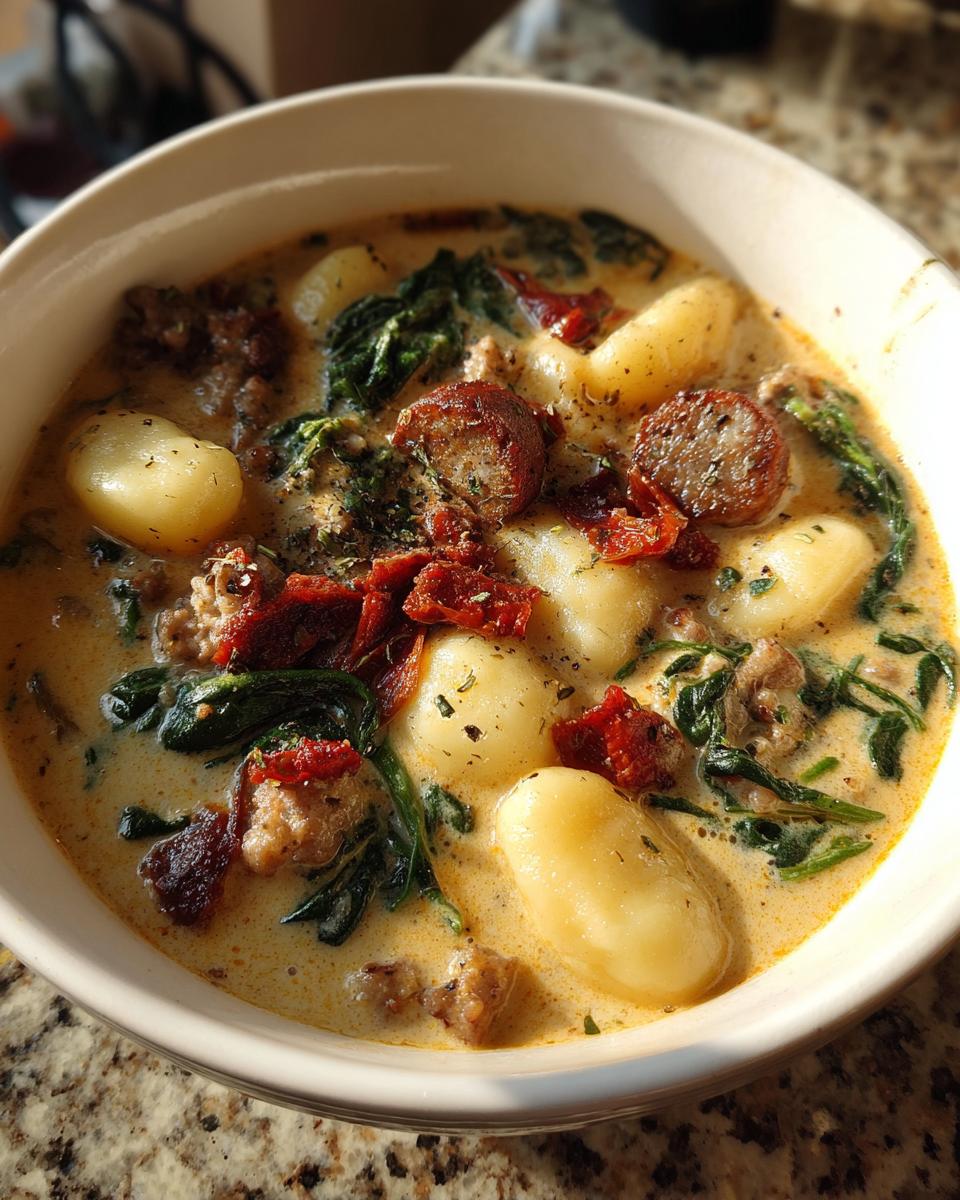 Close-up of a bowl of creamy sausage gnocchi soup, featuring plump gnocchi, sausage pieces, spinach, and sun-dried tomatoes.