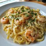 Close-up of creamy fettuccine shrimp alfredo pasta topped with fresh parsley and black pepper.