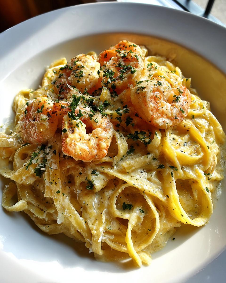 Close-up of creamy fettuccine pasta topped with seasoned shrimp and fresh parsley for shrimp alfredo.