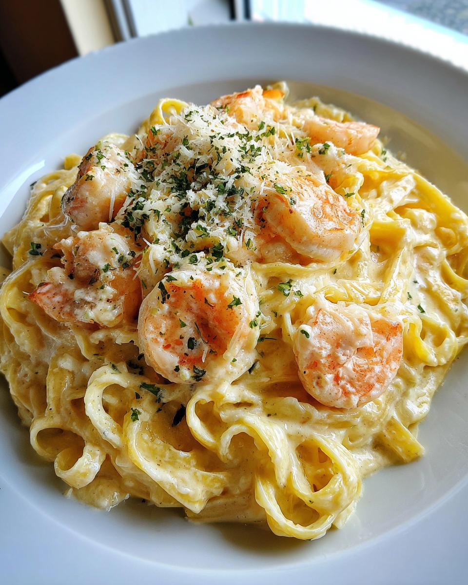 Close-up of fettuccine pasta coated in creamy sauce with shrimp, topped with grated Parmesan and parsley for shrimp alfredo.