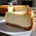 A thick, creamy slice of cheesecake with a graham cracker crust, part of the whole cheesecake visible in the background.