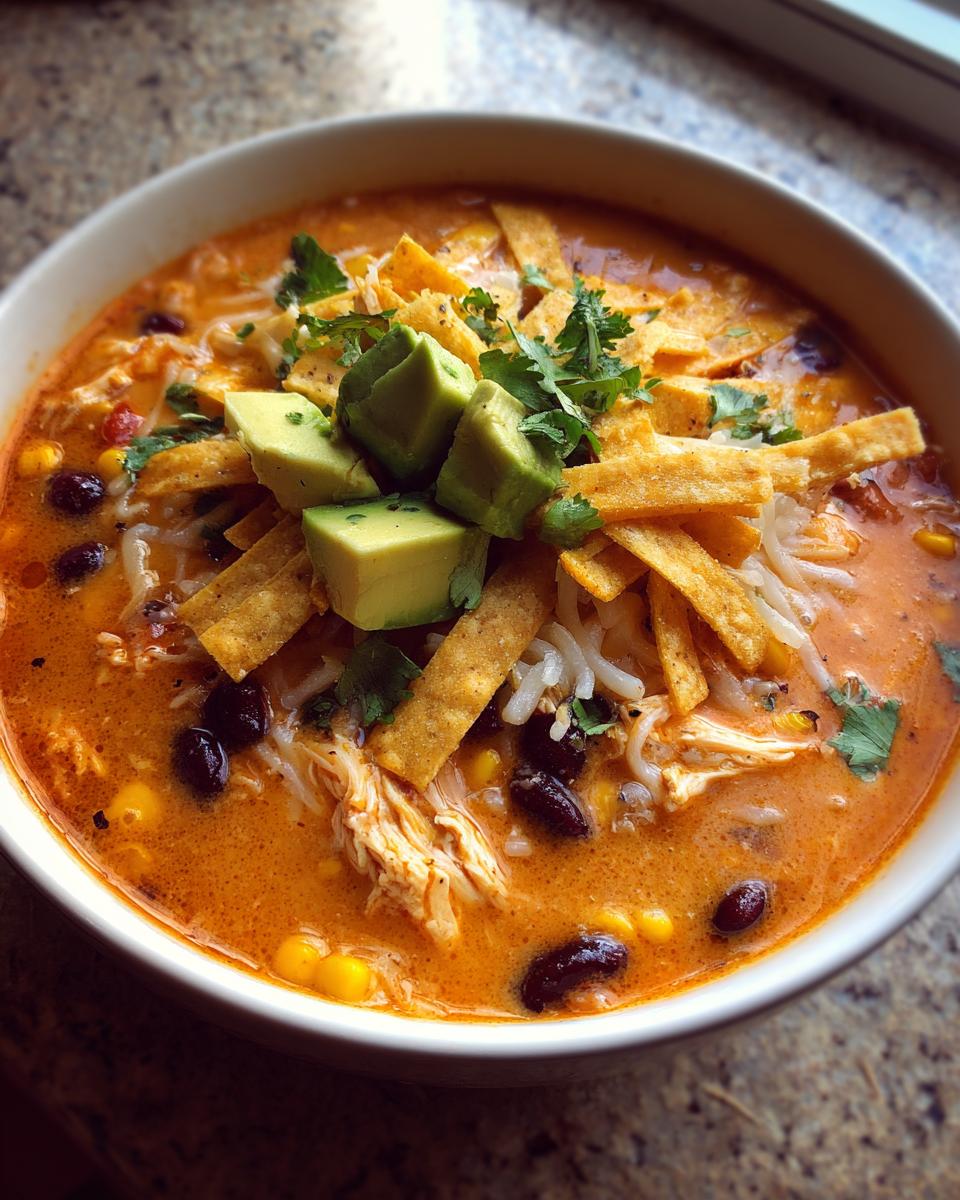 A close-up view of a bowl of creamy tortilla soup topped with avocado chunks, black beans, corn, and crispy tortilla strips.