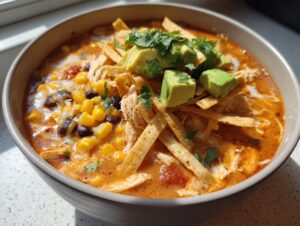 A close-up of a bowl of creamy tortilla soup topped with shredded chicken, corn, black beans, avocado, and crispy tortilla strips.