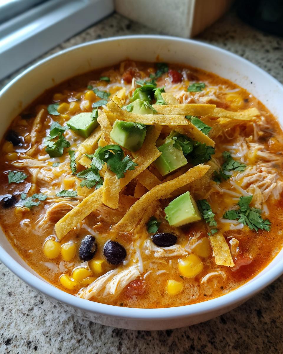 A close-up of a bowl of creamy tortilla soup topped with shredded chicken, corn, black beans, cheese, avocado, and crispy tortilla strips.