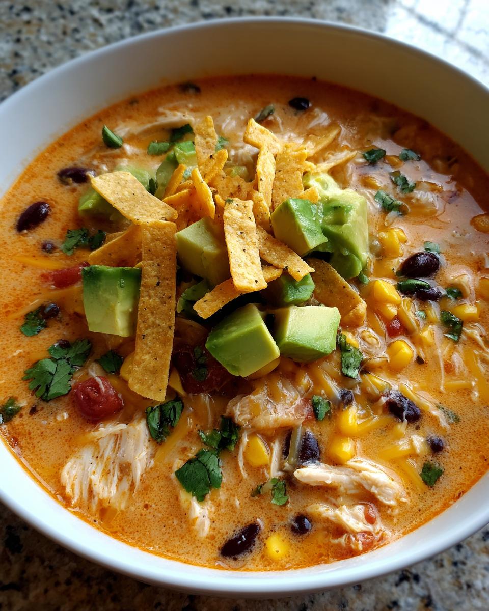 Close-up of a bowl of creamy tortilla soup topped with avocado chunks, tortilla strips, and cilantro.