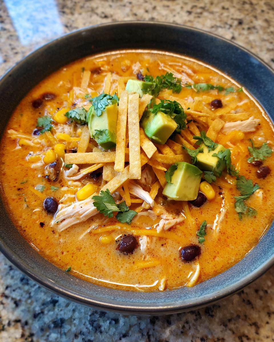 Close-up of a bowl of creamy tortilla soup topped with shredded chicken, black beans, avocado, and tortilla strips.